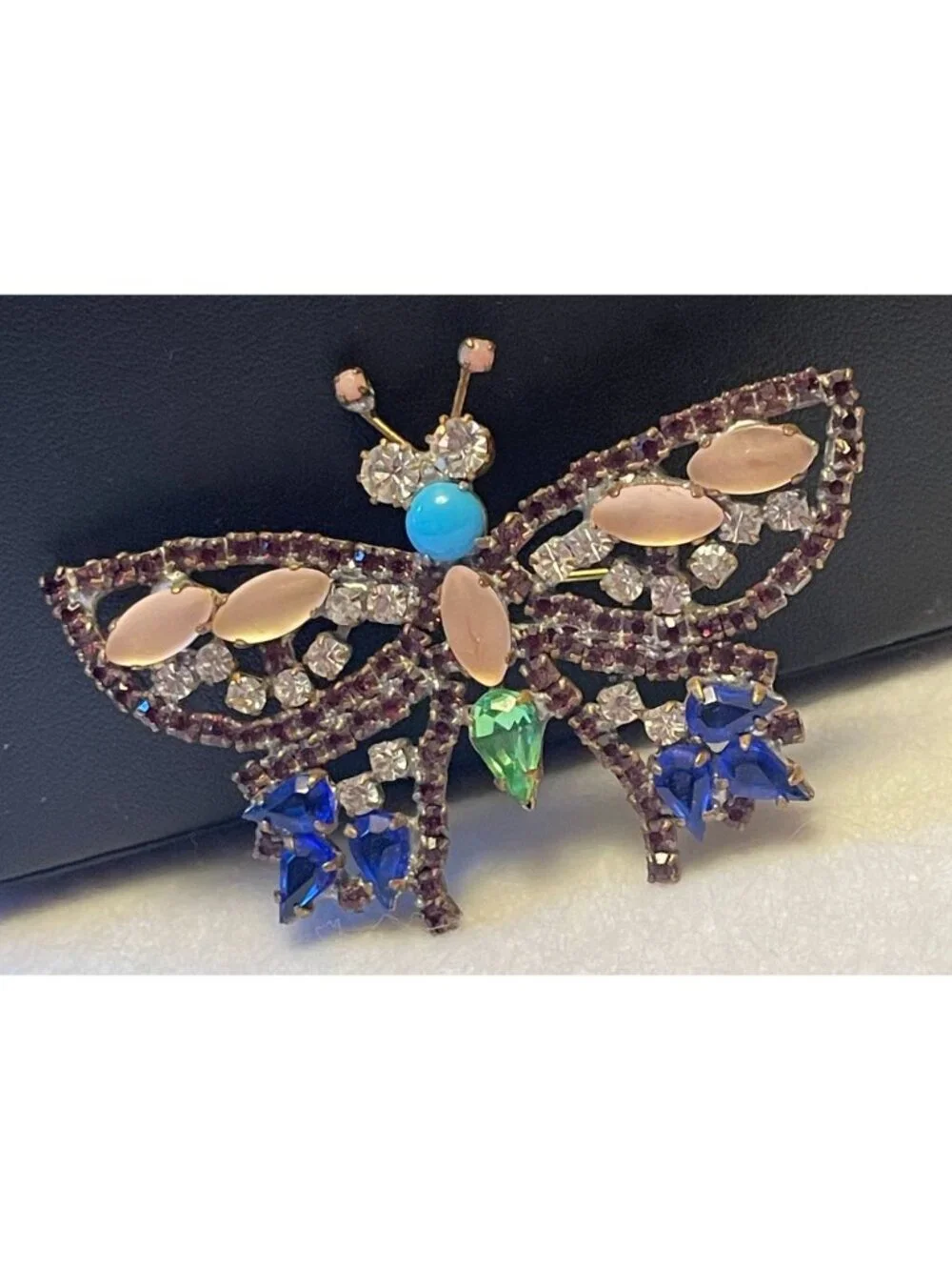 Vtg Czech Glass Butterfly Brooch With Rare Colored Glass Stones & Intricate Desi